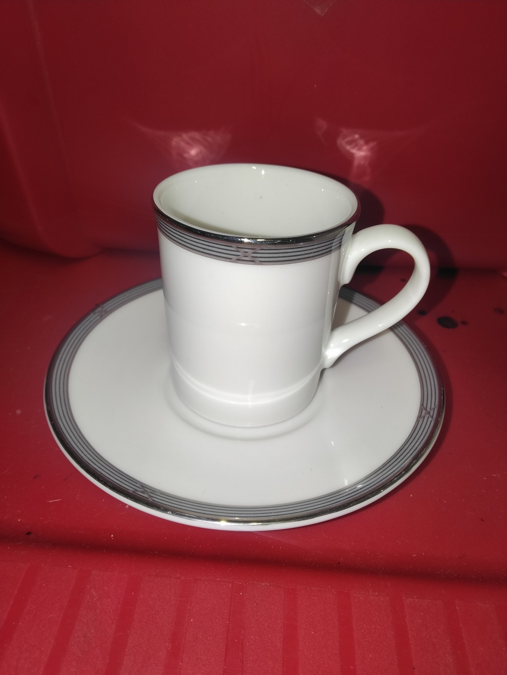 Royal Doulton White Porcelain Espresso Cup and Saucer with Silver Band